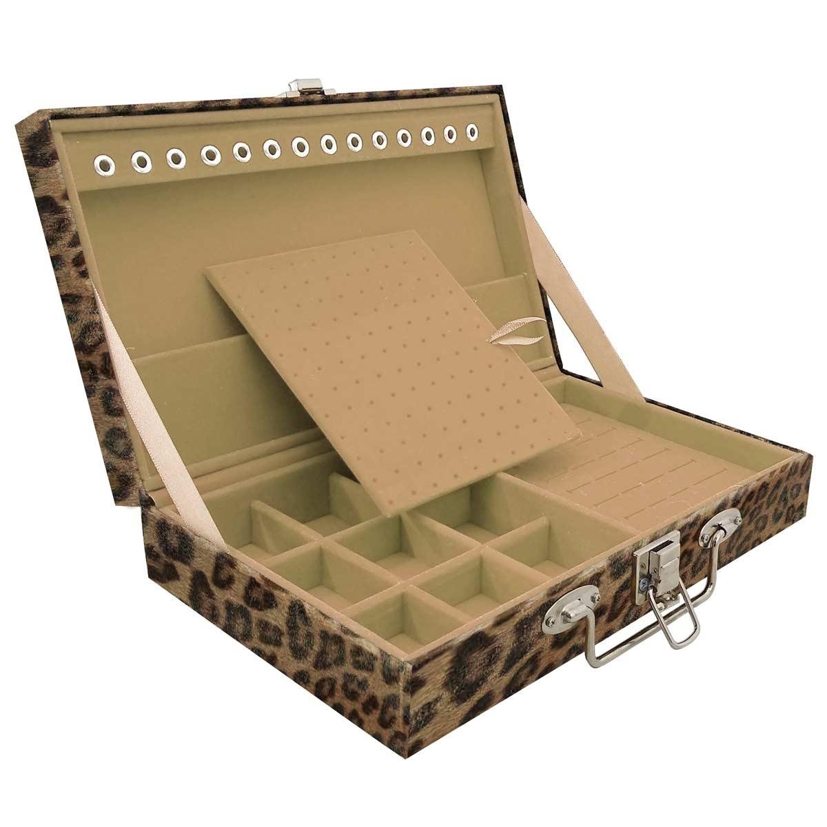 Estojo Maleta Porta Jóias Simples Média Onça Leopardo