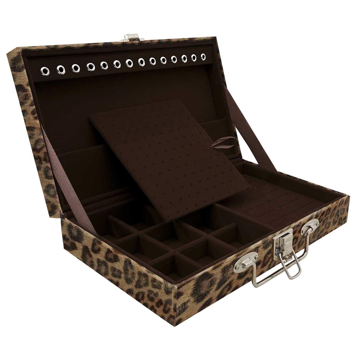Estojo Maleta Porta Jóias Simples Média Onça Leopardo
