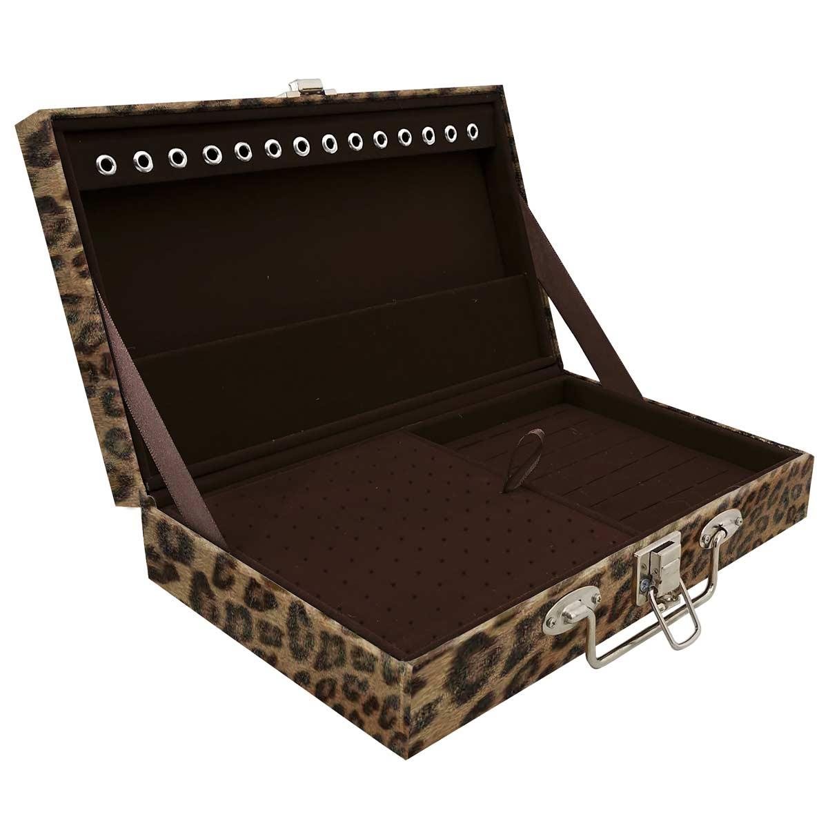 Estojo Maleta Porta Jóias Simples Média Onça Leopardo
