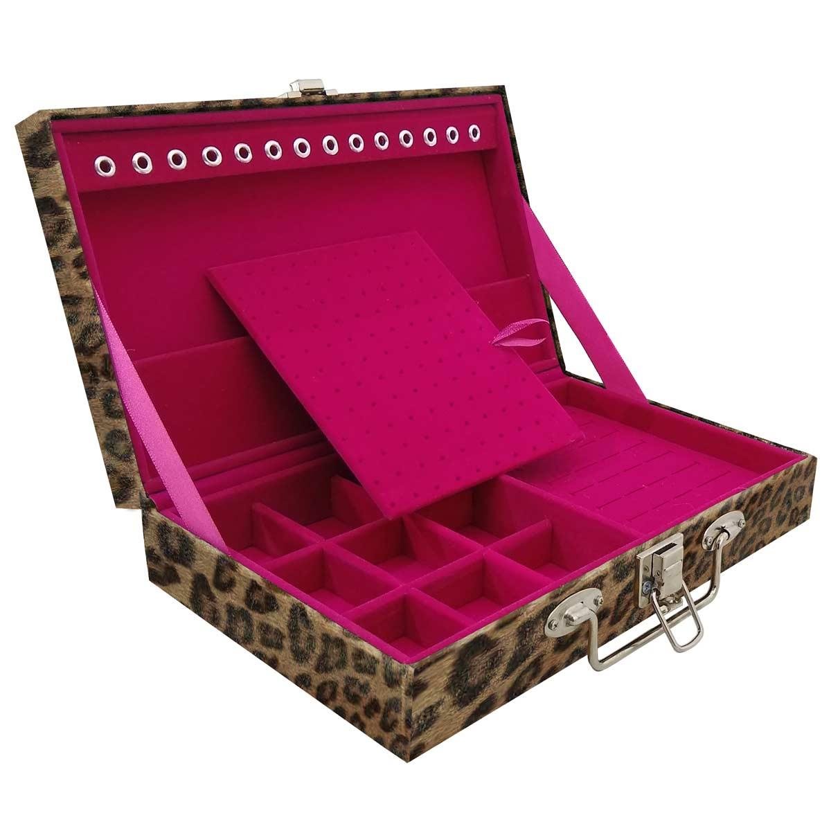 Estojo Maleta Porta Jóias Simples Média Onça Leopardo