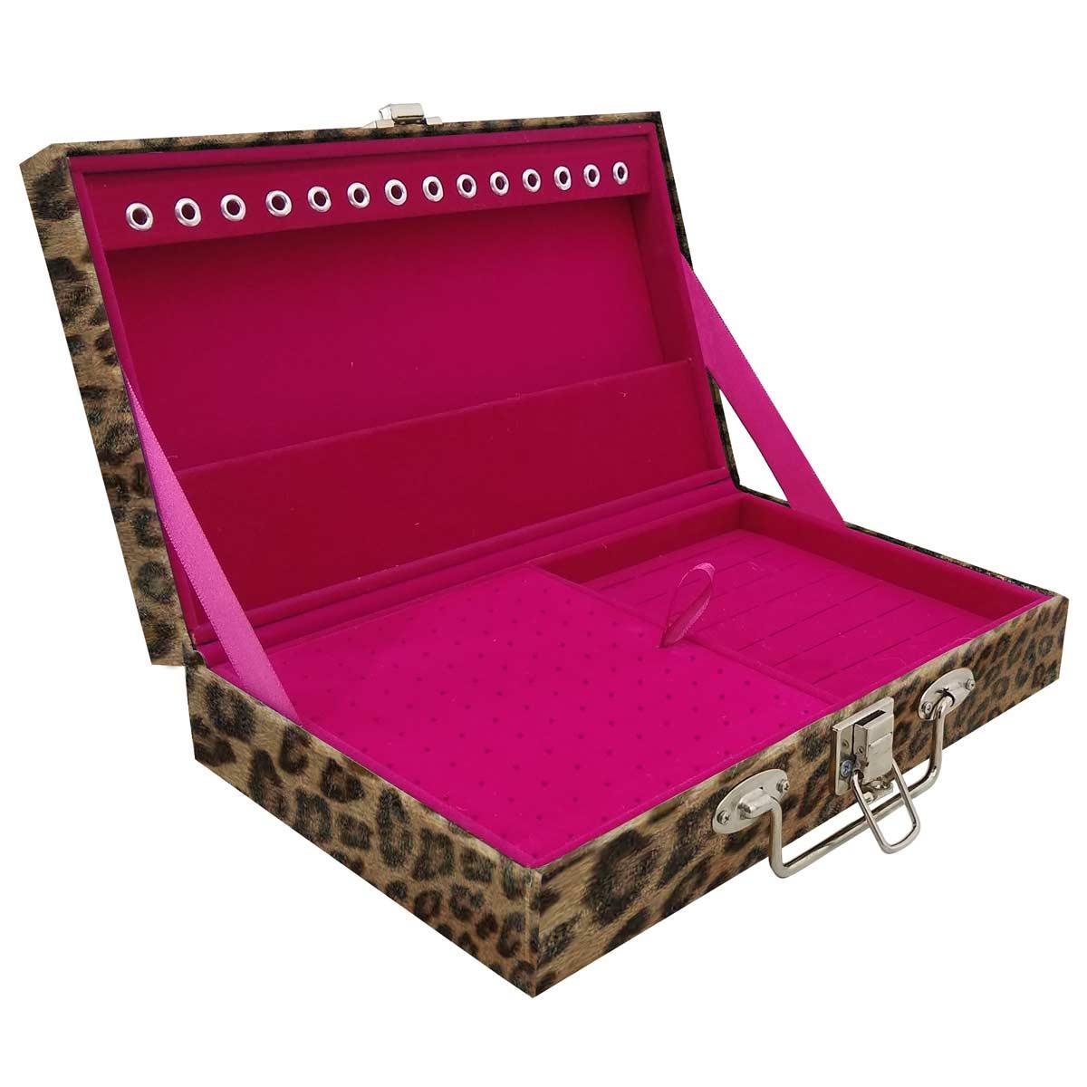 Estojo Maleta Porta Jóias Simples Média Onça Leopardo