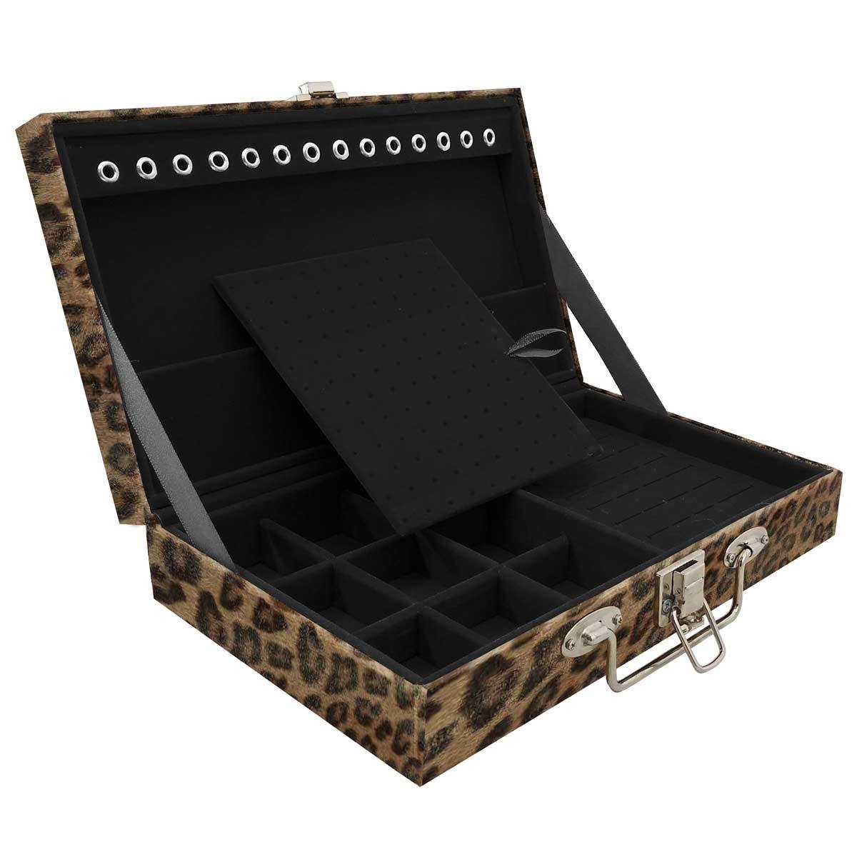 Estojo Maleta Porta Jóias Simples Média Onça Leopardo