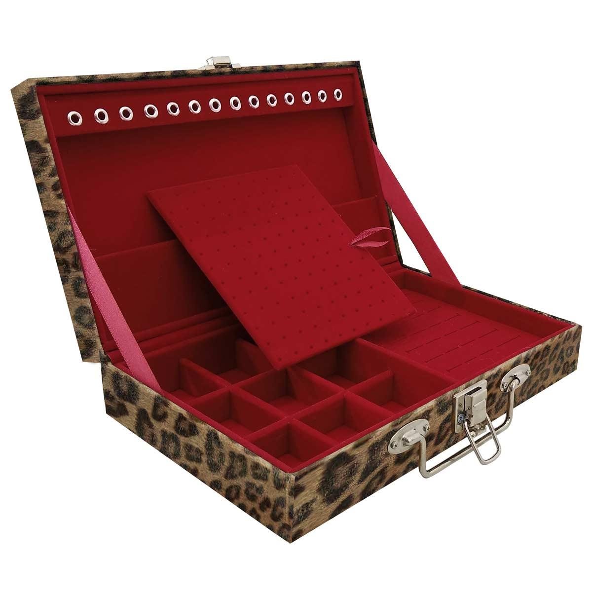 Estojo Maleta Porta Jóias Simples Média Onça Leopardo