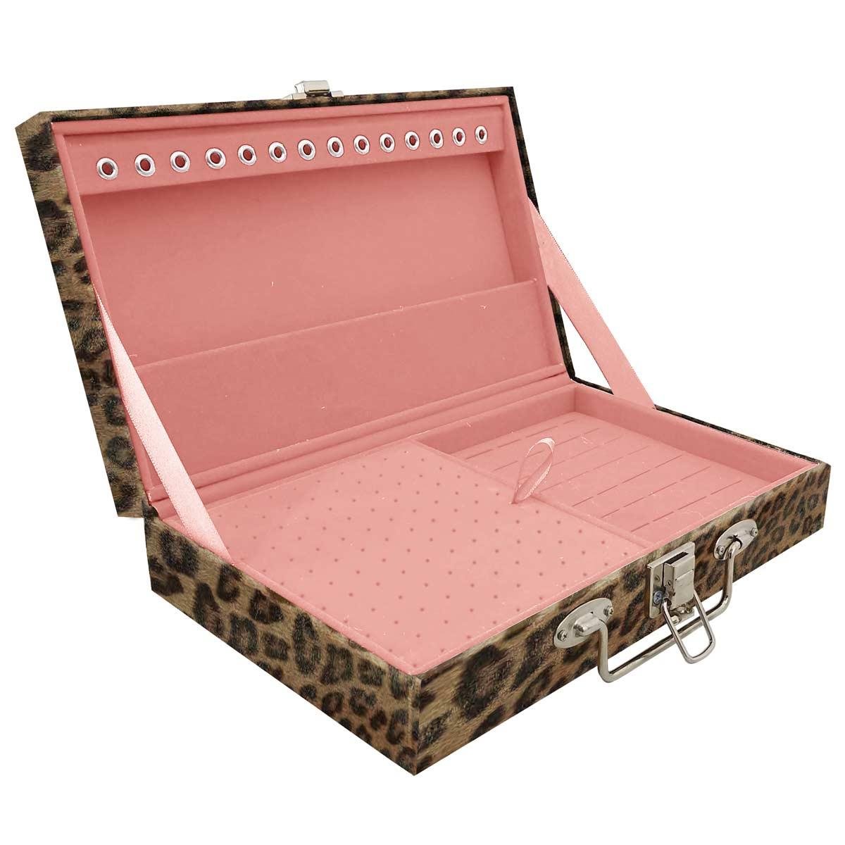 Estojo Maleta Porta Jóias Simples Média Onça Leopardo