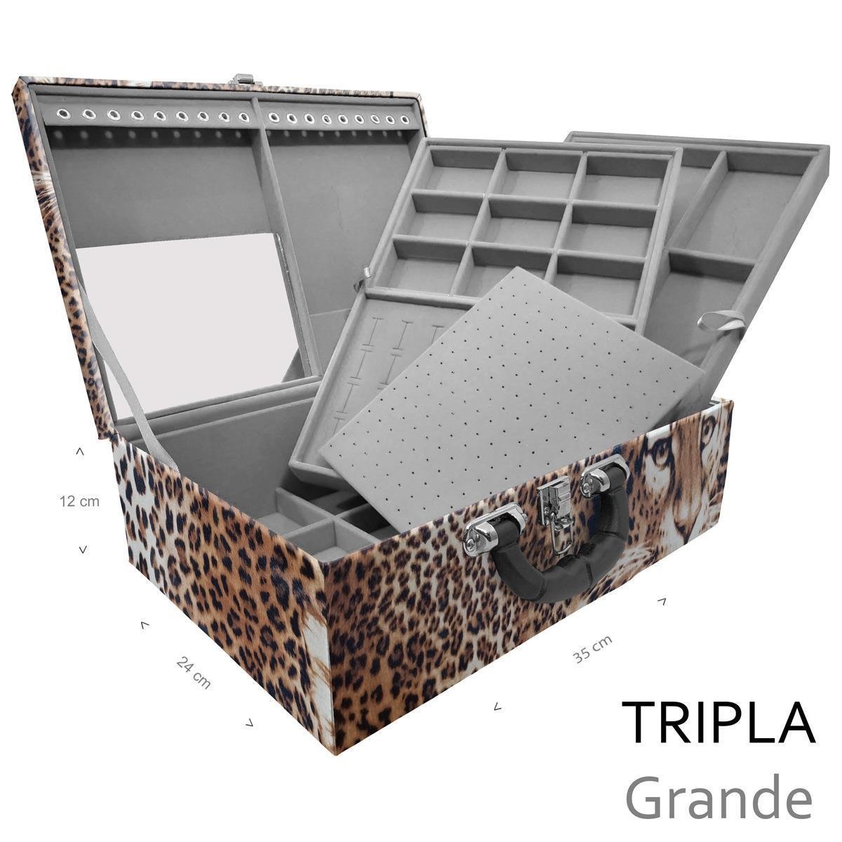 Estojo Maleta Porta Jóias Triplo Grande Cara Da Onça Com Alça Preta e Espelho