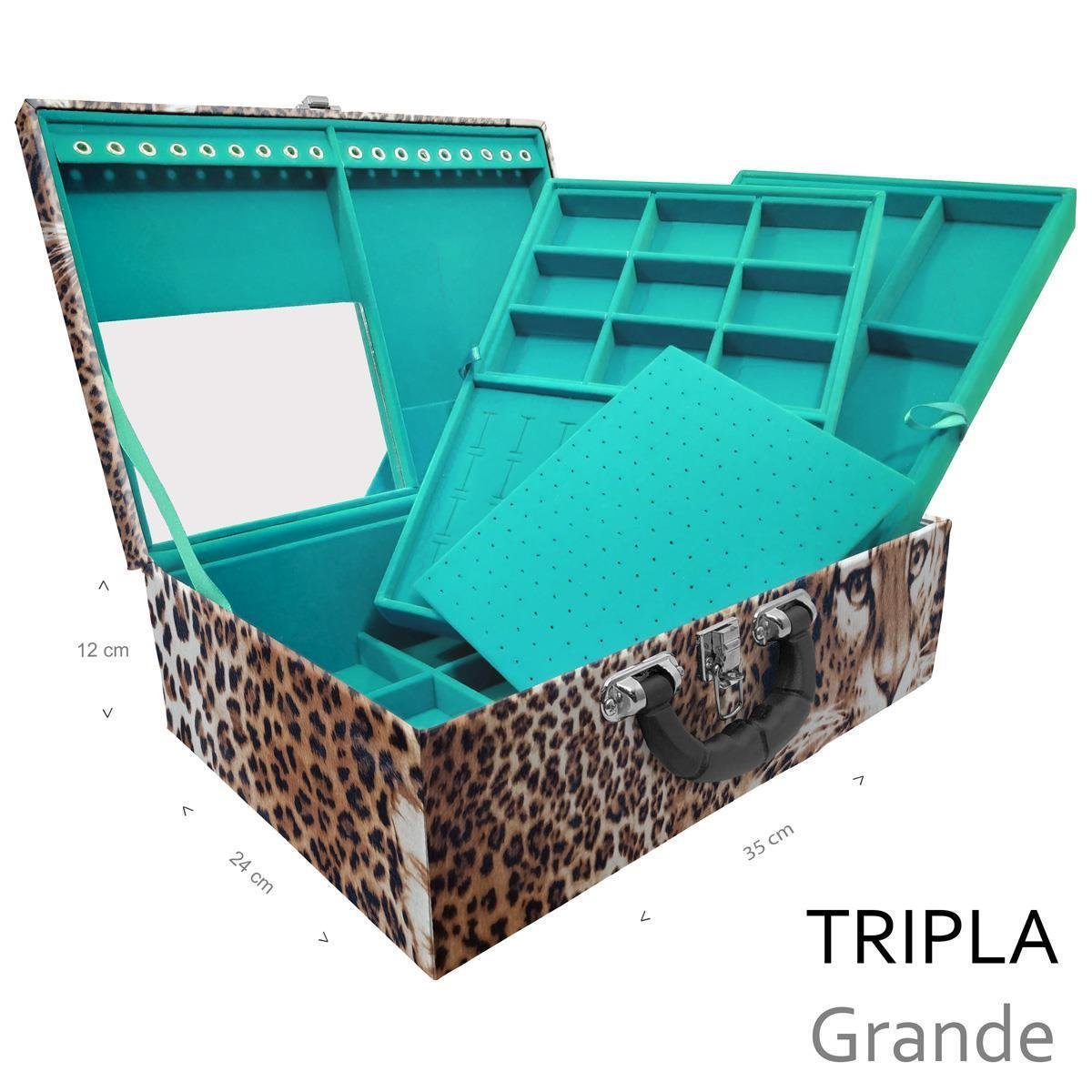 Estojo Maleta Porta Jóias Triplo Grande Cara Da Onça Com Alça Preta e Espelho