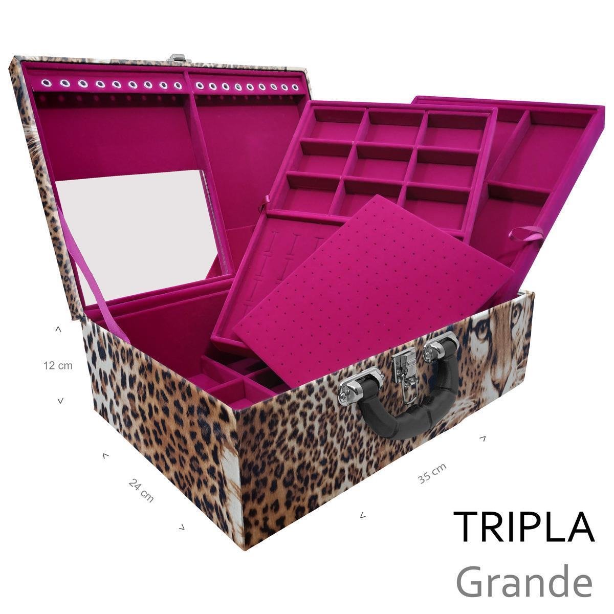 Estojo Maleta Porta Jóias Triplo Grande Cara Da Onça Com Alça Preta e Espelho