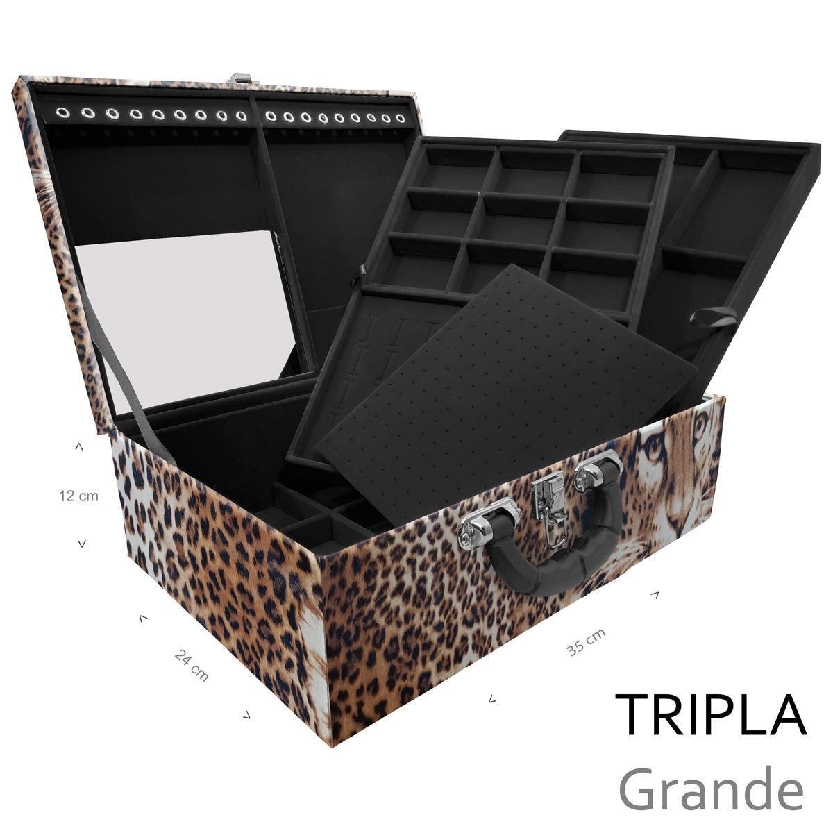 Estojo Maleta Porta Jóias Triplo Grande Cara Da Onça Com Alça Preta e Espelho
