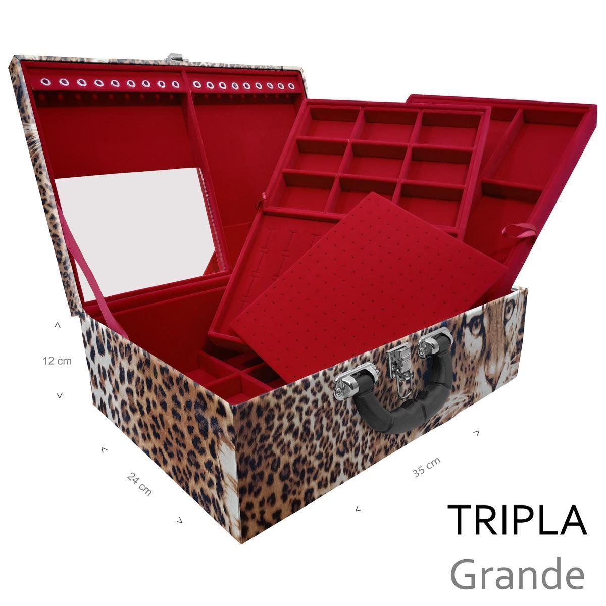 Estojo Maleta Porta Jóias Triplo Grande Cara Da Onça Com Alça Preta e Espelho