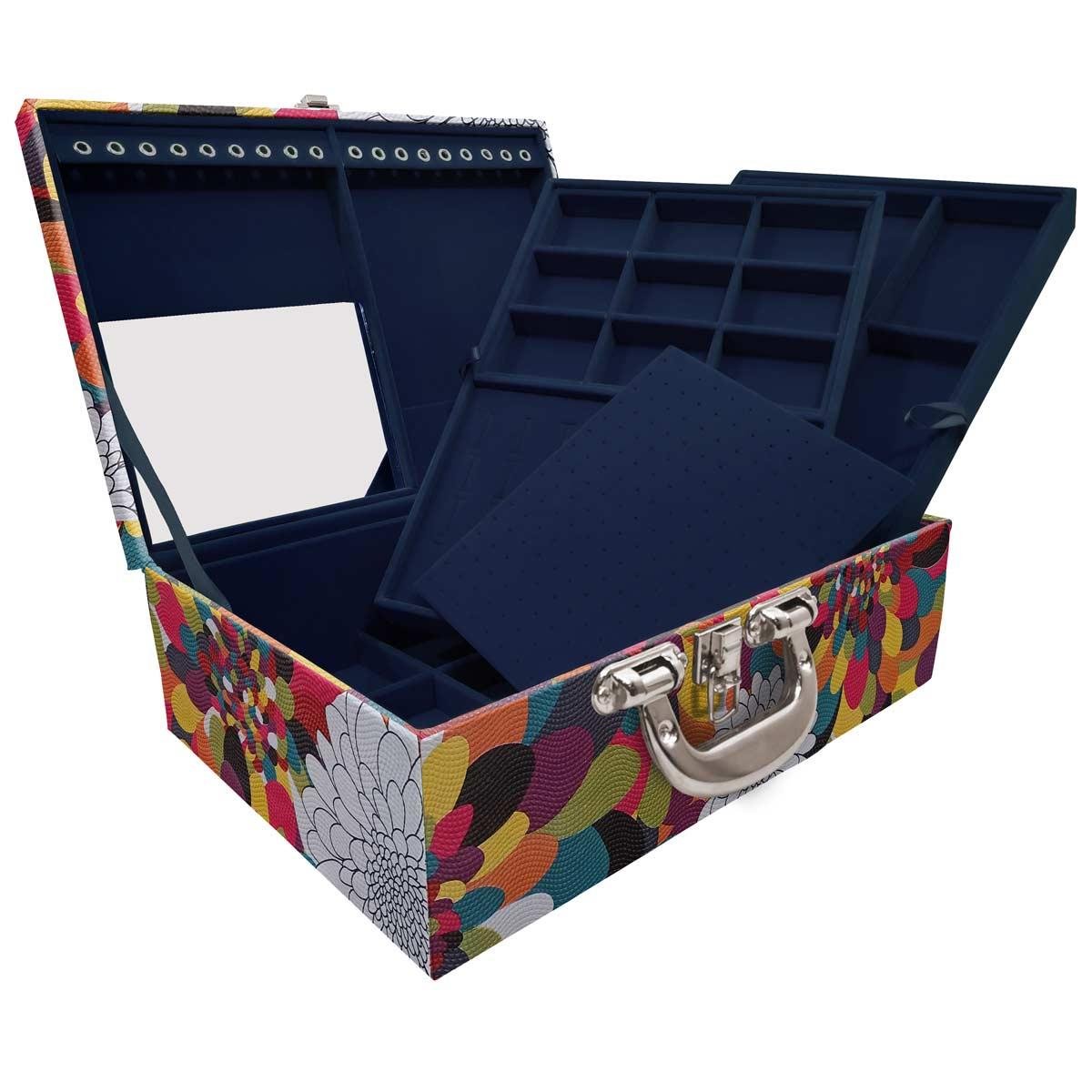 Estojo Maleta Porta Jóias Triplo Grande Pavão Colors Com Alça Cromada e Espelho