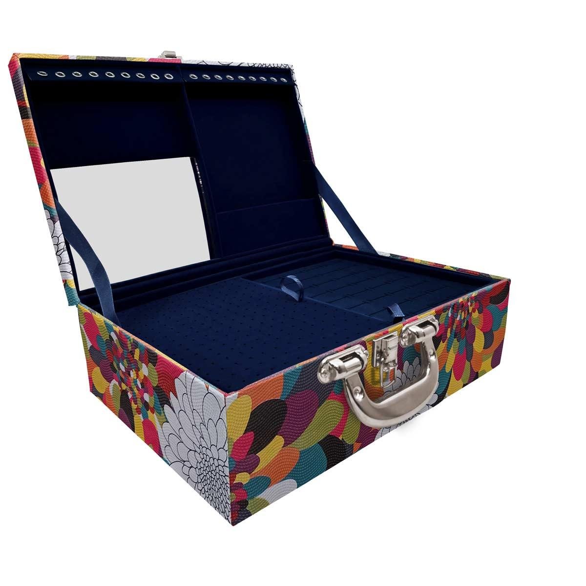 Estojo Maleta Porta Jóias Triplo Grande Pavão Colors Com Alça Cromada e Espelho