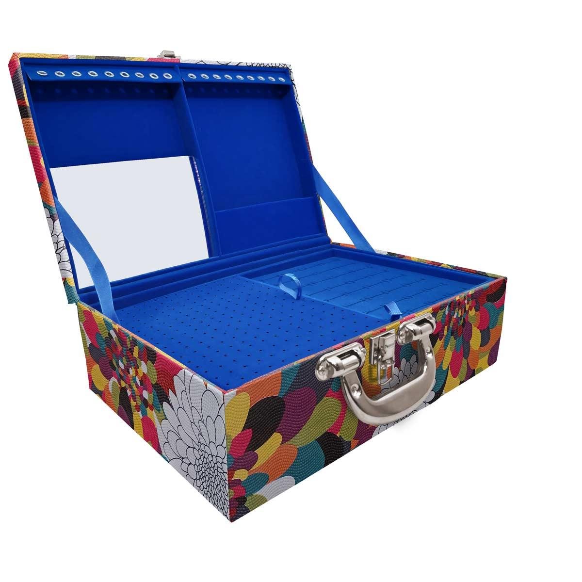 Estojo Maleta Porta Jóias Triplo Grande Pavão Colors Com Alça Cromada e Espelho