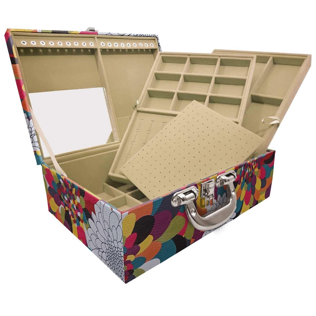 Estojo Maleta Porta Jóias Triplo Grande Pavão Colors Com Alça Cromada e Espelho