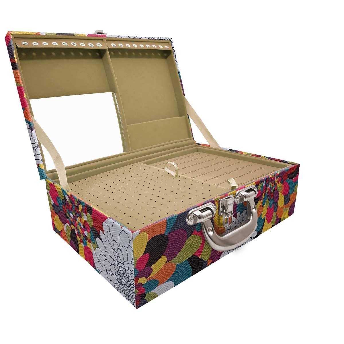 Estojo Maleta Porta Jóias Triplo Grande Pavão Colors Com Alça Cromada e Espelho