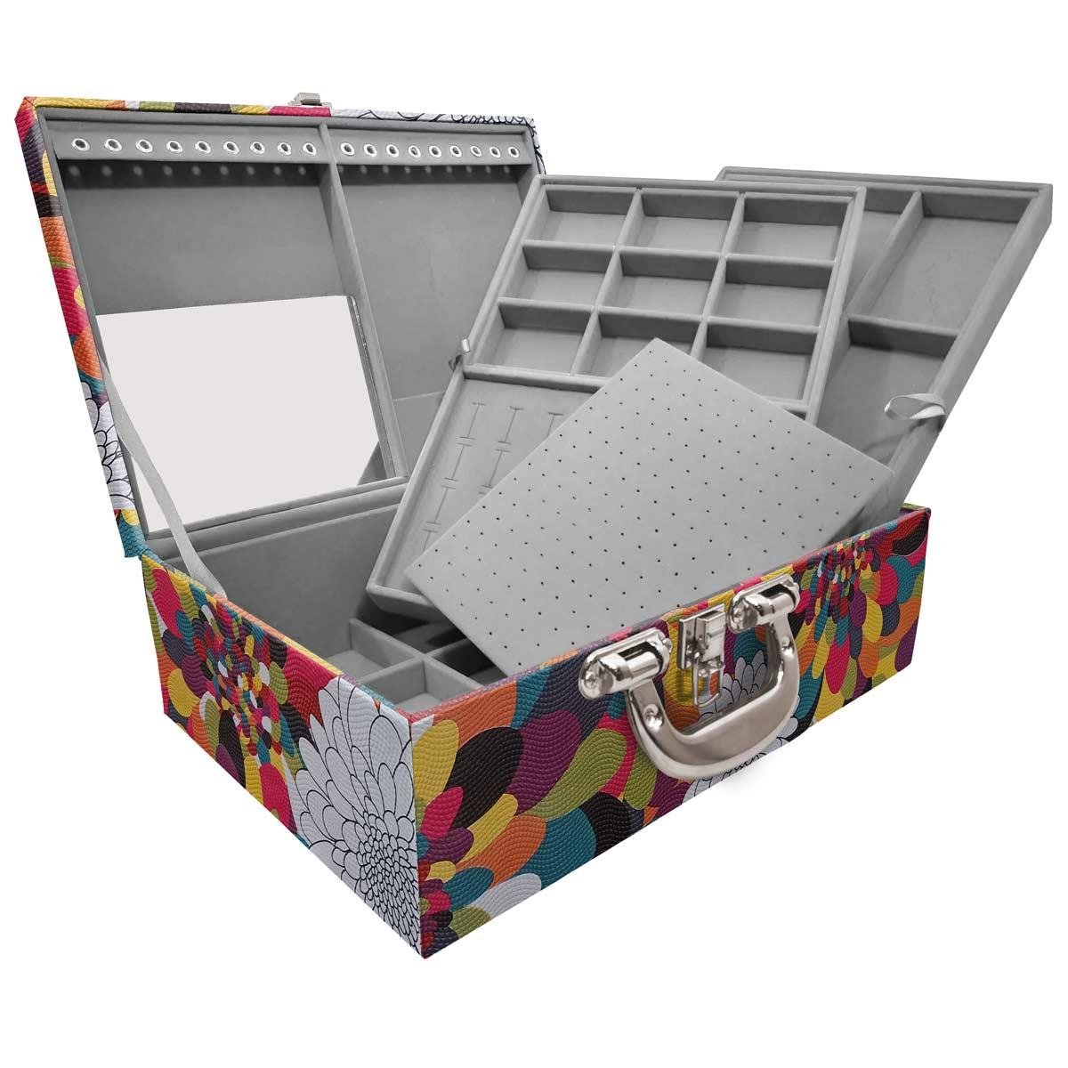 Estojo Maleta Porta Jóias Triplo Grande Pavão Colors Com Alça Cromada e Espelho