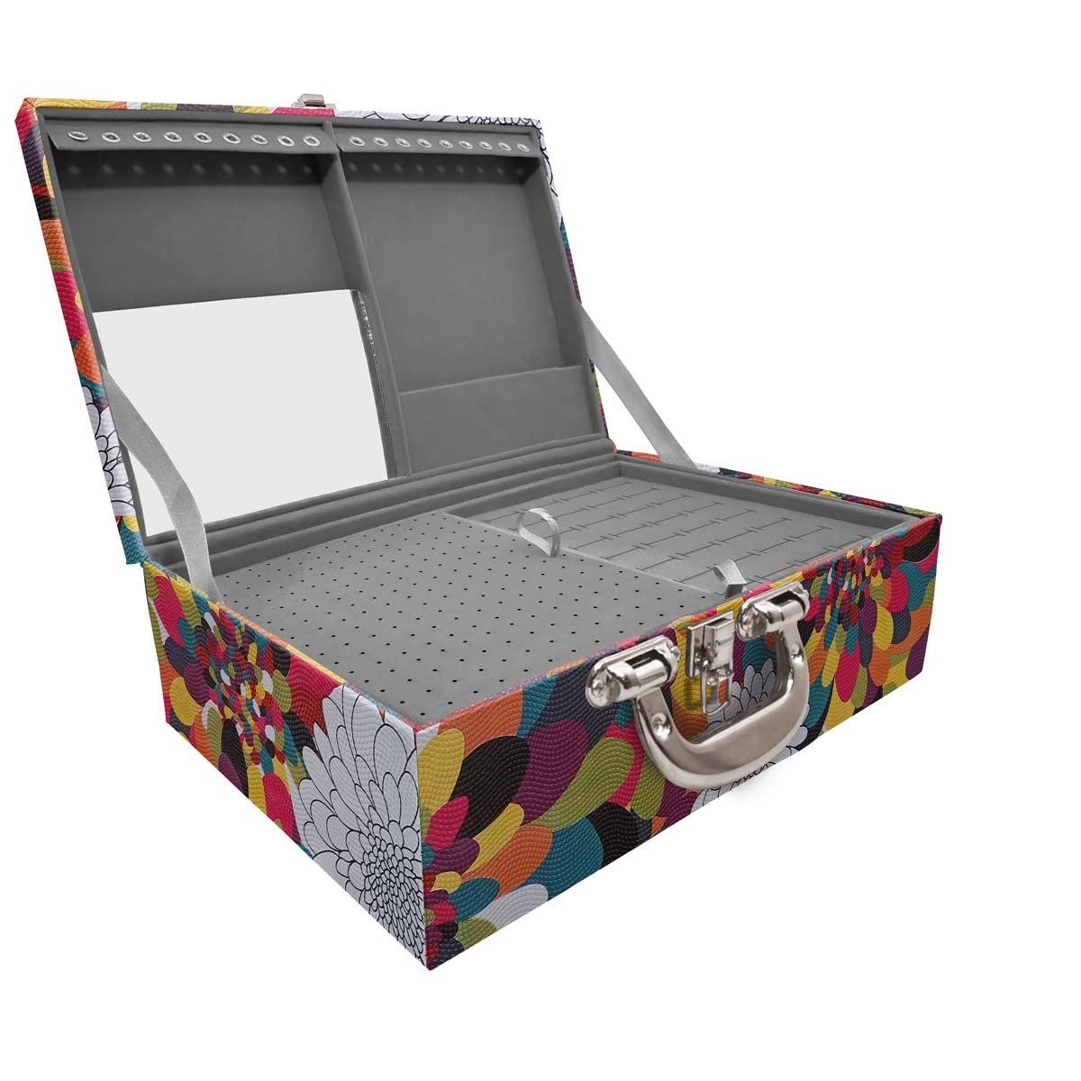 Estojo Maleta Porta Jóias Triplo Grande Pavão Colors Com Alça Cromada e Espelho
