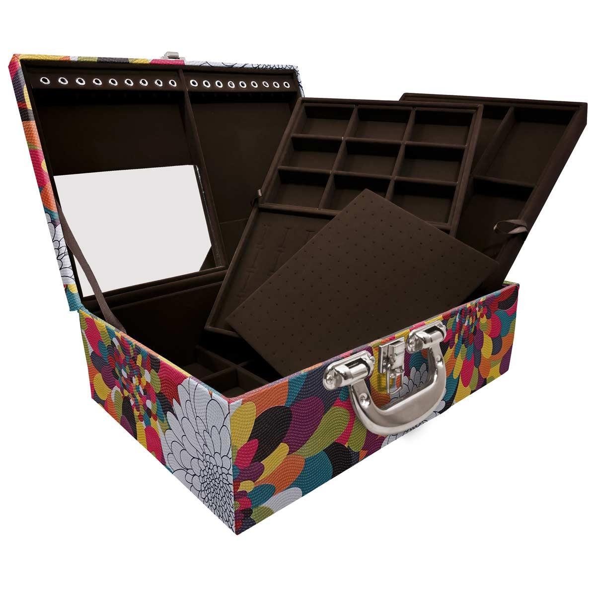 Estojo Maleta Porta Jóias Triplo Grande Pavão Colors Com Alça Cromada e Espelho