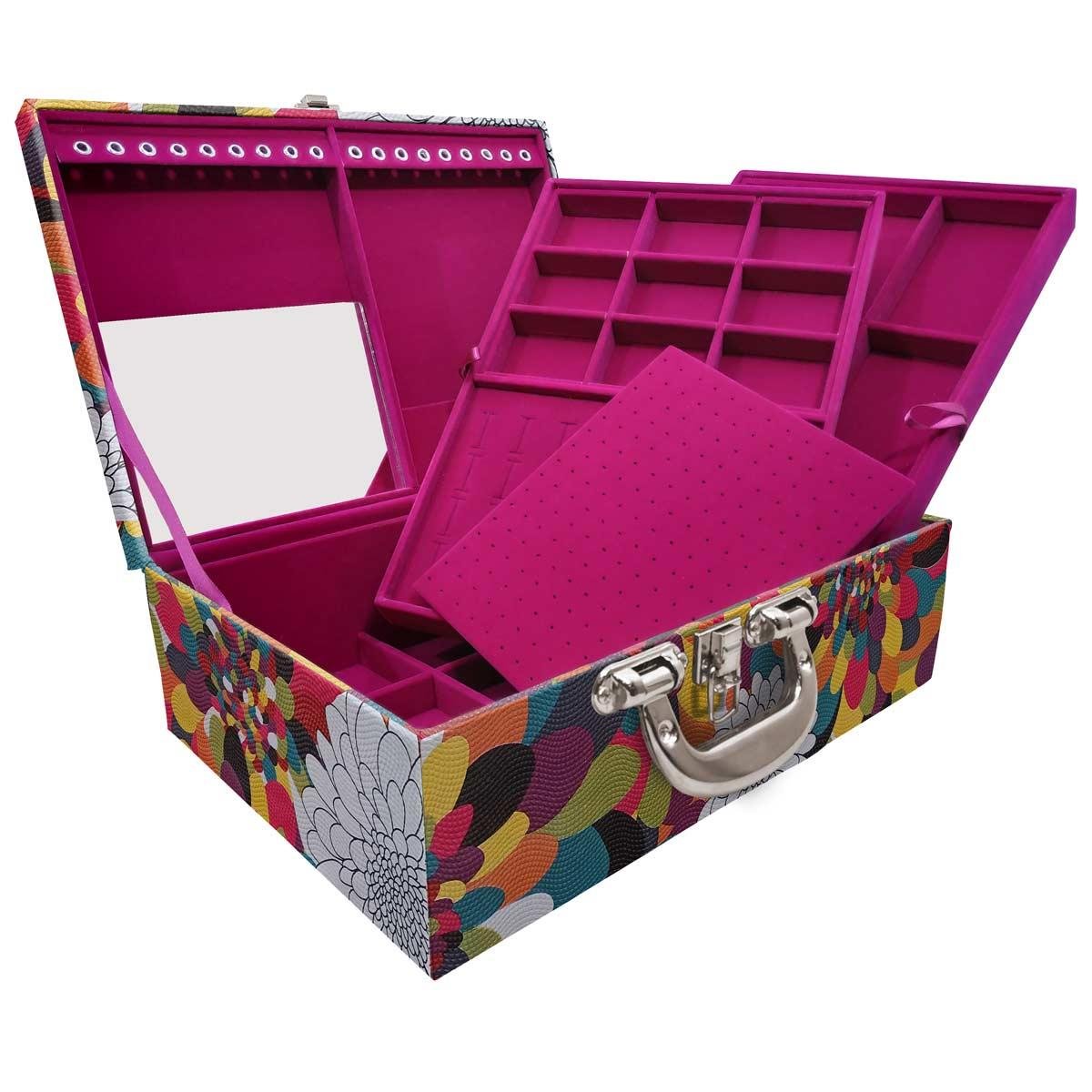 Estojo Maleta Porta Jóias Triplo Grande Pavão Colors Com Alça Cromada e Espelho