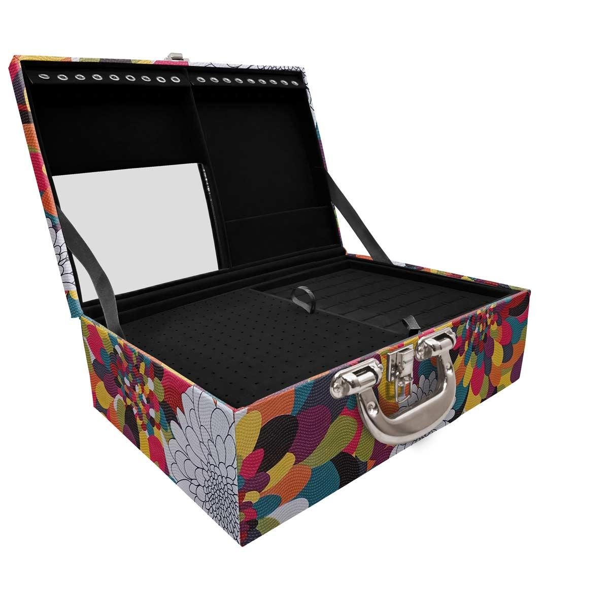 Estojo Maleta Porta Jóias Triplo Grande Pavão Colors Com Alça Cromada e Espelho