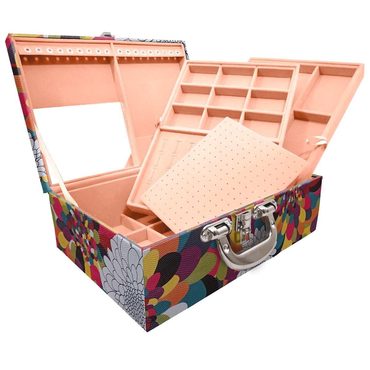 Estojo Maleta Porta Jóias Triplo Grande Pavão Colors Com Alça Cromada e Espelho