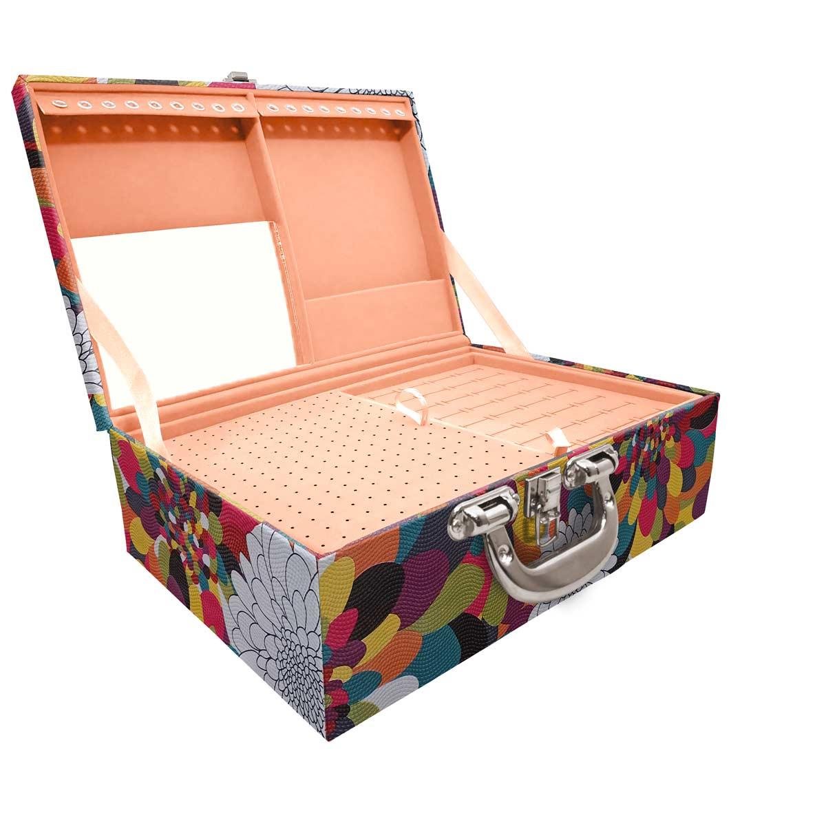 Estojo Maleta Porta Jóias Triplo Grande Pavão Colors Com Alça Cromada e Espelho