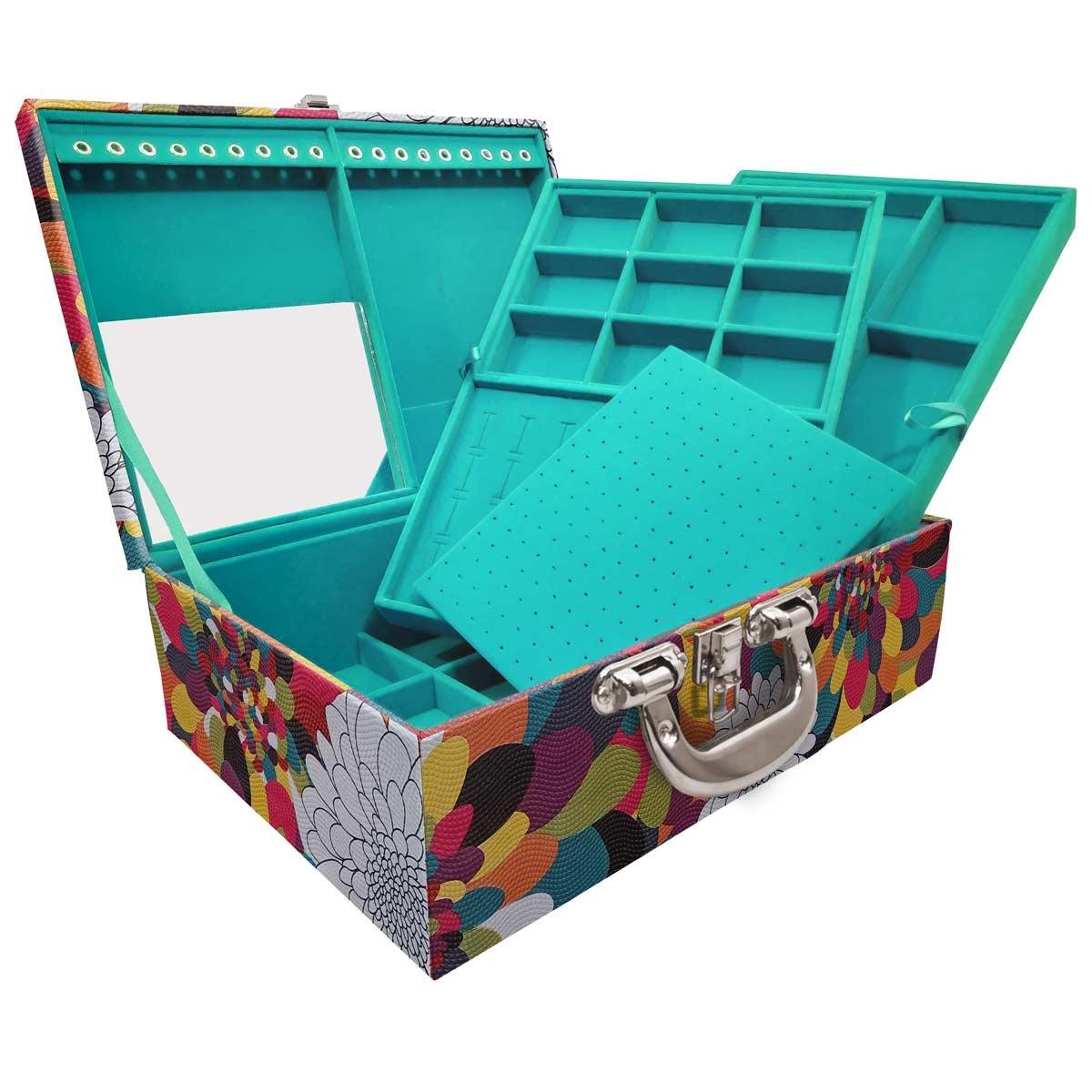 Estojo Maleta Porta Jóias Triplo Grande Pavão Colors Com Alça Cromada e Espelho