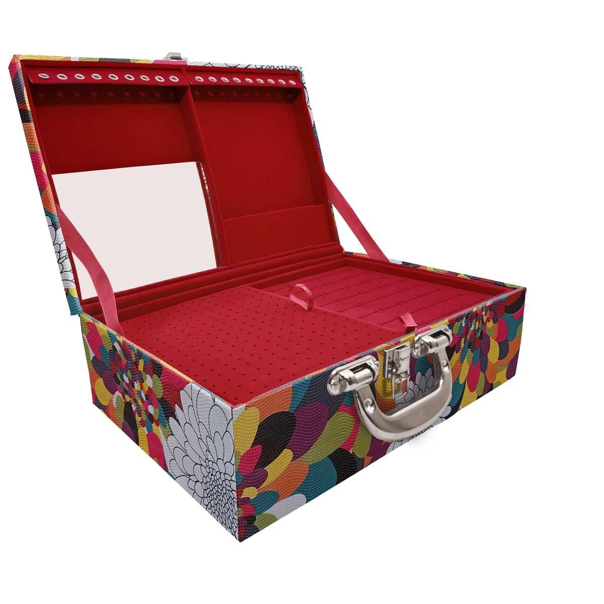 Estojo Maleta Porta Jóias Triplo Grande Pavão Colors Com Alça Cromada e Espelho