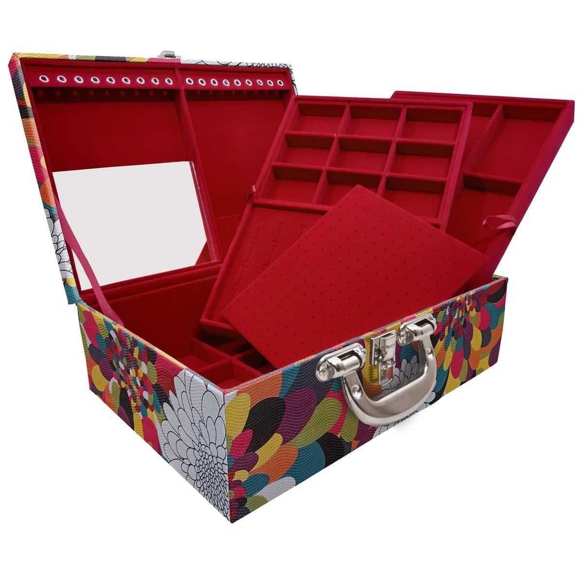 Estojo Maleta Porta Jóias Triplo Grande Pavão Colors Com Alça Cromada e Espelho