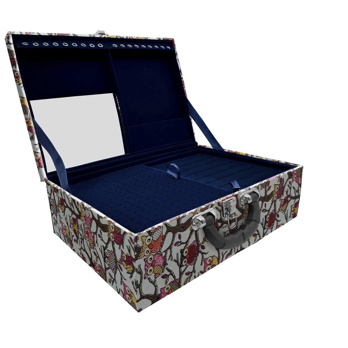 Estojo Maleta Porta Jóias Tripla Grande Coruja Com Alça Preta e Espelho