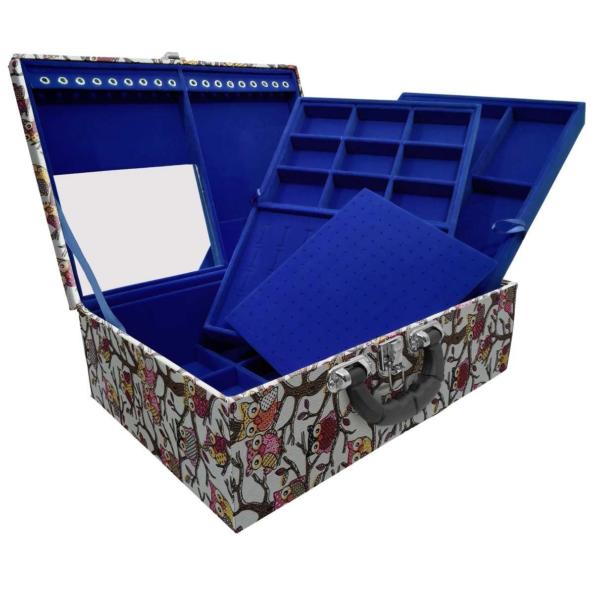 Estojo Maleta Porta Jóias Tripla Grande Coruja Com Alça Preta e Espelho