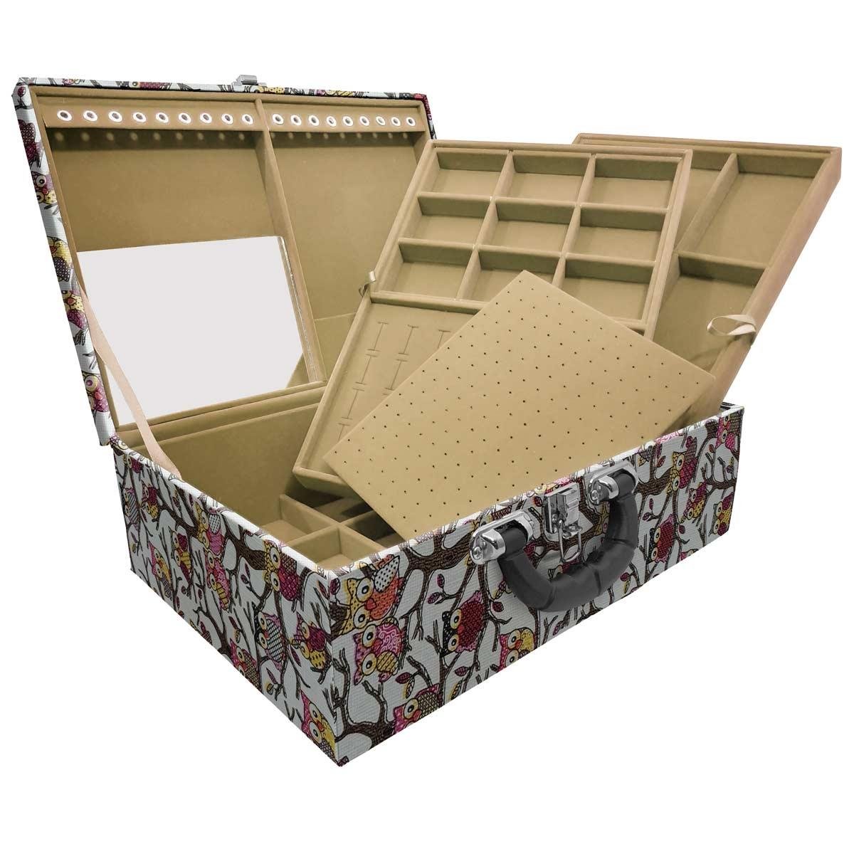 Estojo Maleta Porta Jóias Tripla Grande Coruja Com Alça Preta e Espelho