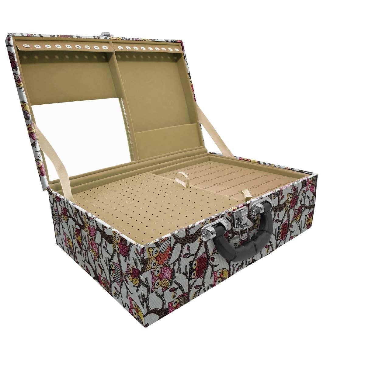 Estojo Maleta Porta Jóias Tripla Grande Coruja Com Alça Preta e Espelho