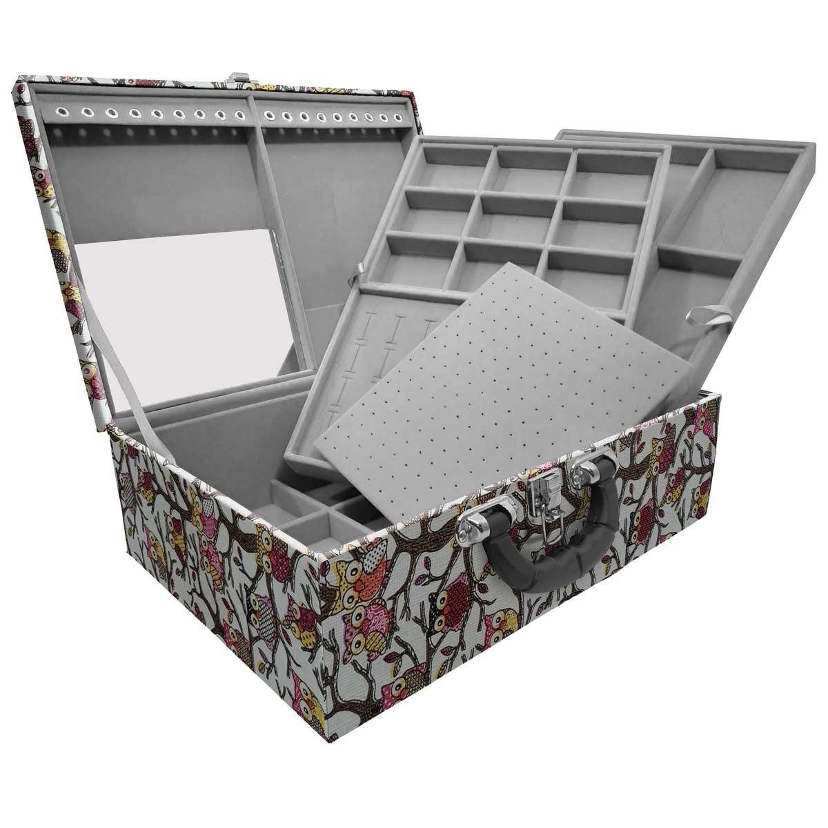 Estojo Maleta Porta Jóias Tripla Grande Coruja Com Alça Preta e Espelho