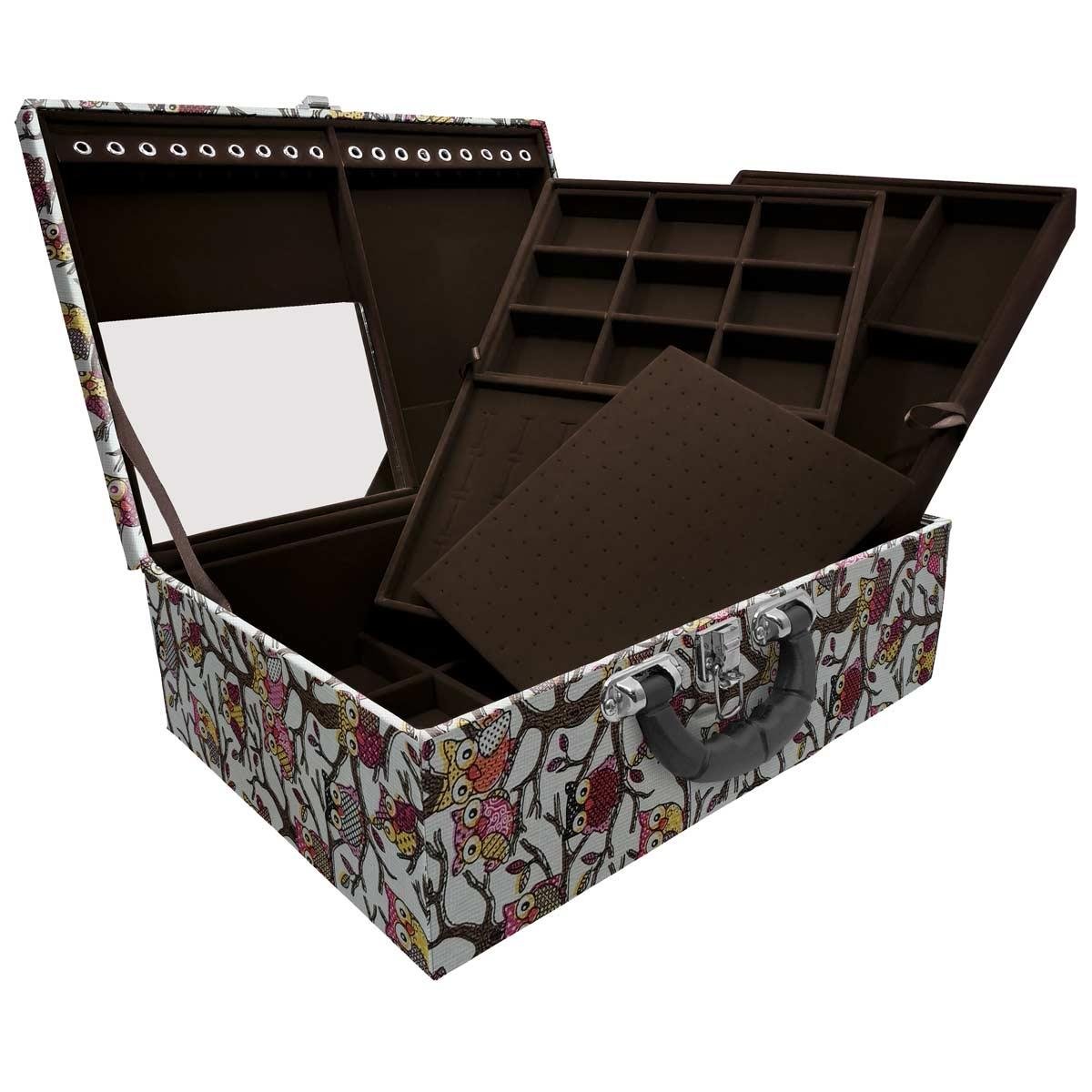 Estojo Maleta Porta Jóias Tripla Grande Coruja Com Alça Preta e Espelho