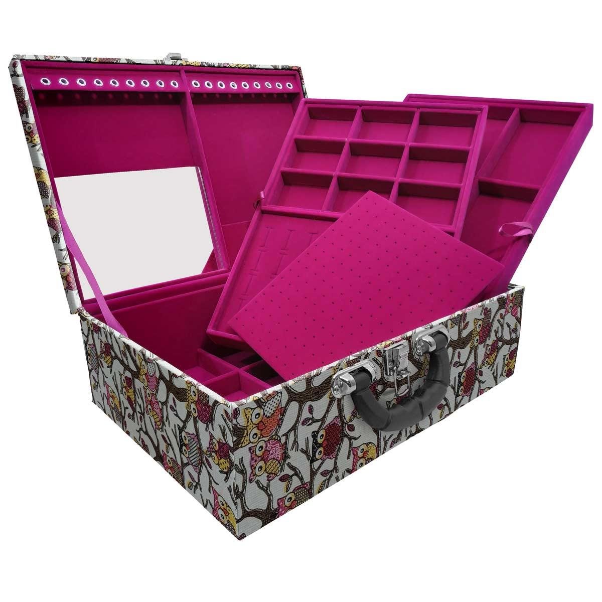 Estojo Maleta Porta Jóias Tripla Grande Coruja Com Alça Preta e Espelho