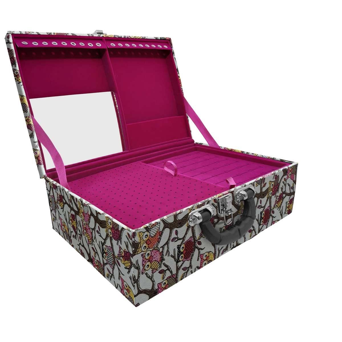 Estojo Maleta Porta Jóias Tripla Grande Coruja Com Alça Preta e Espelho