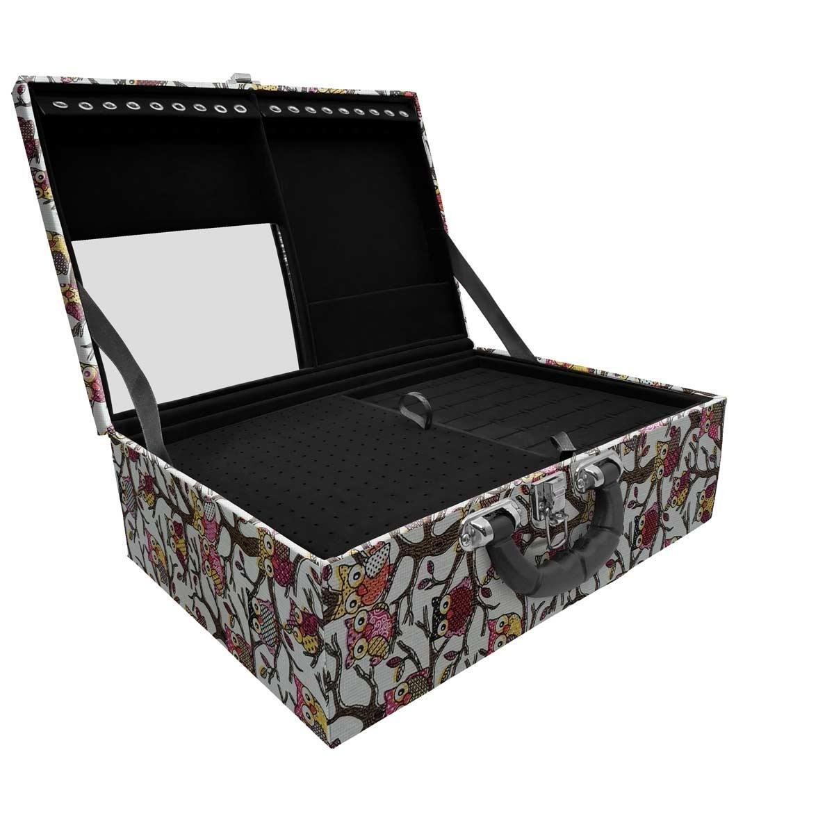 Estojo Maleta Porta Jóias Tripla Grande Coruja Com Alça Preta e Espelho