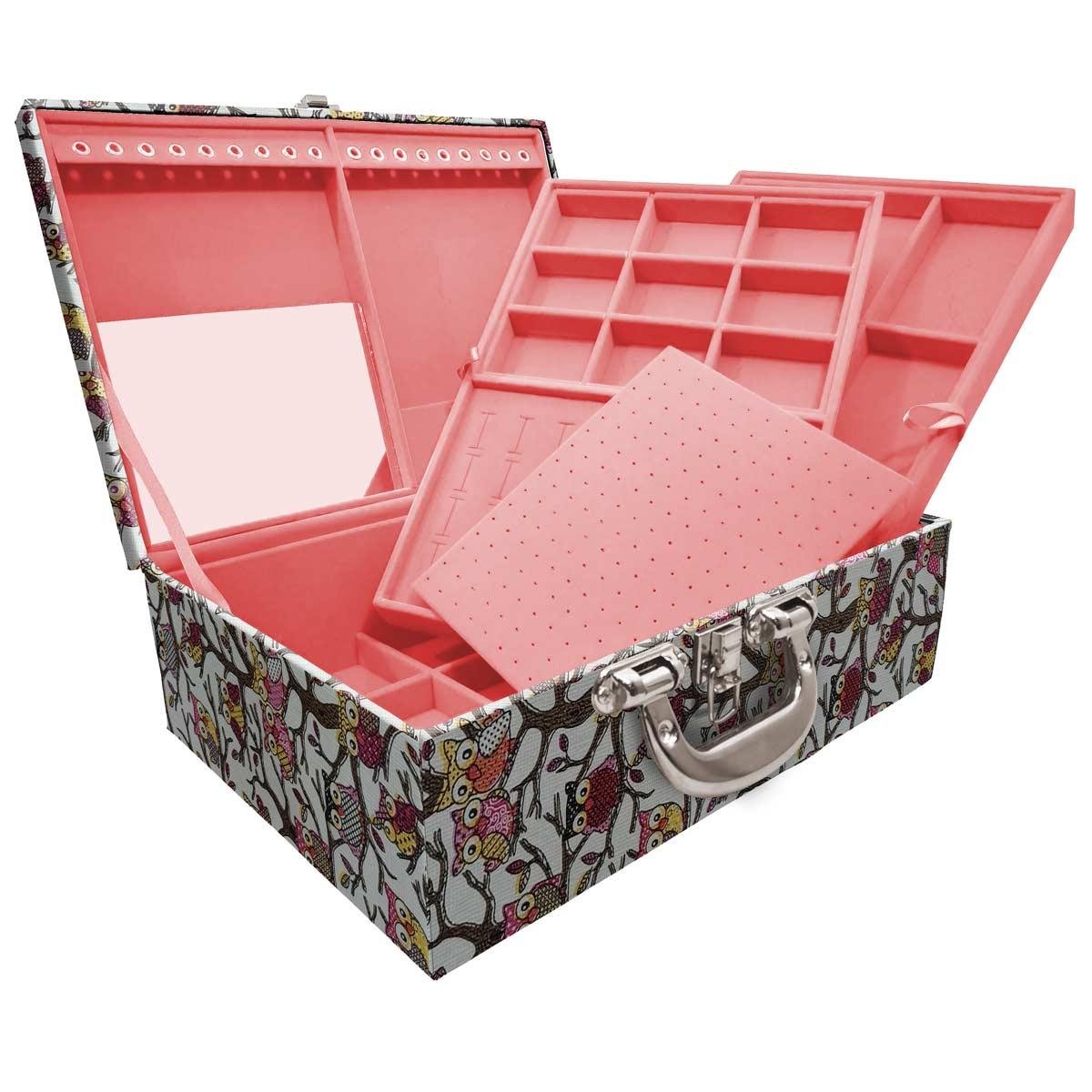 Estojo Maleta Porta Jóias Tripla Grande Coruja Com Alça Preta e Espelho