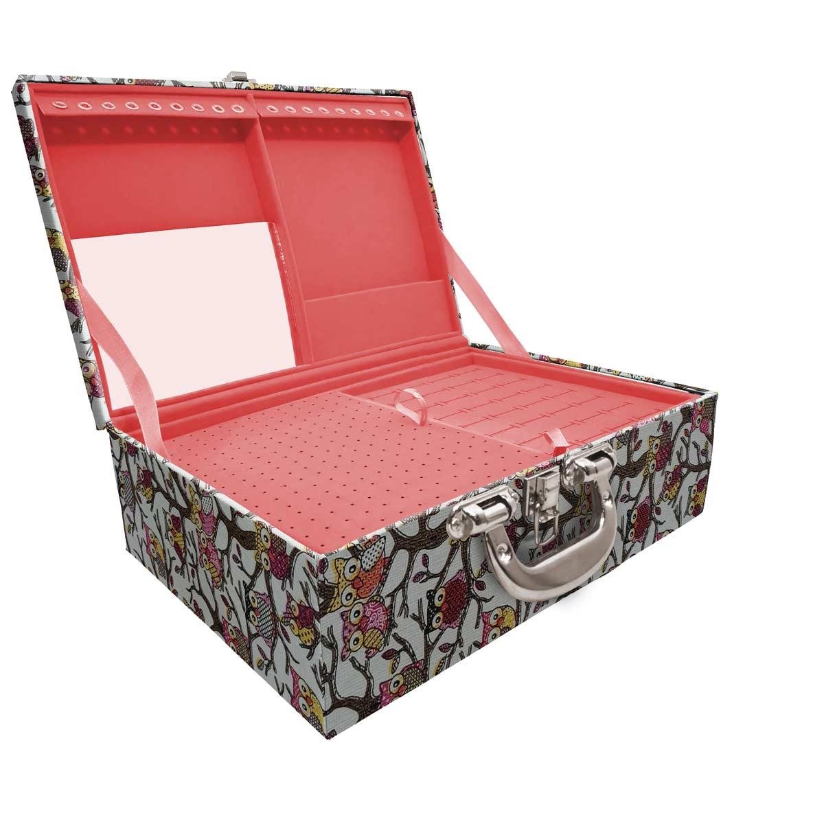 Estojo Maleta Porta Jóias Tripla Grande Coruja Com Alça Preta e Espelho