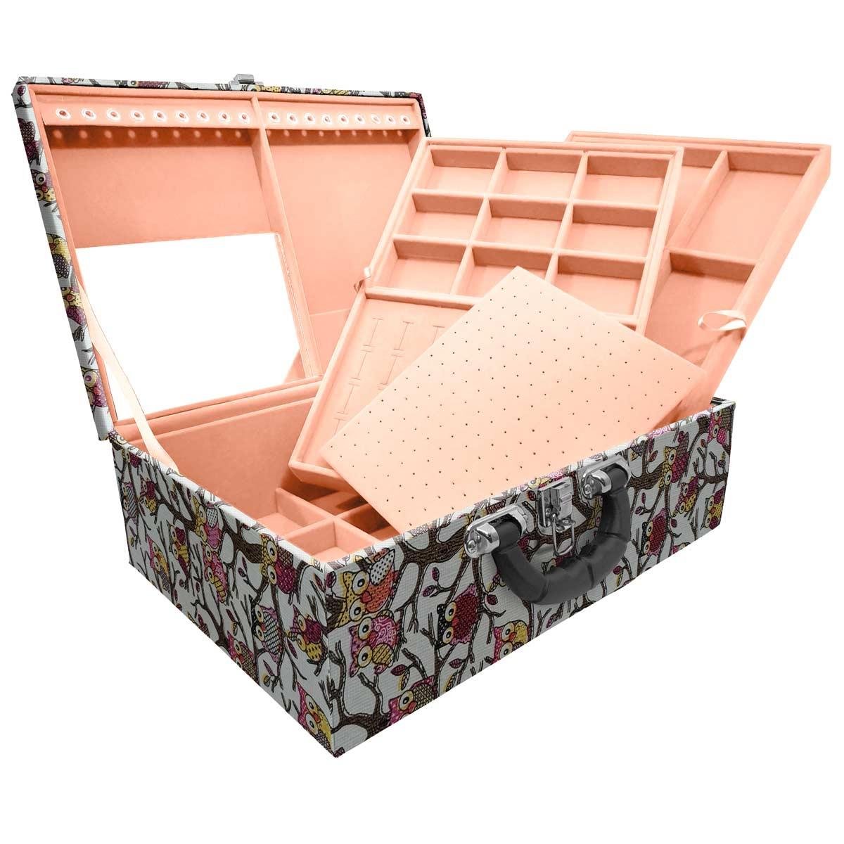 Estojo Maleta Porta Jóias Tripla Grande Coruja Com Alça Preta e Espelho