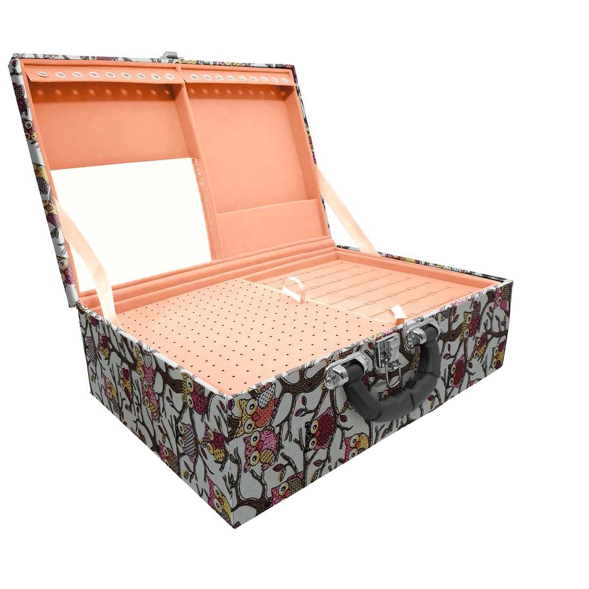 Estojo Maleta Porta Jóias Tripla Grande Coruja Com Alça Preta e Espelho