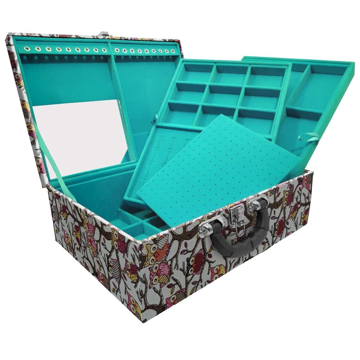 Estojo Maleta Porta Jóias Tripla Grande Coruja Com Alça Preta e Espelho