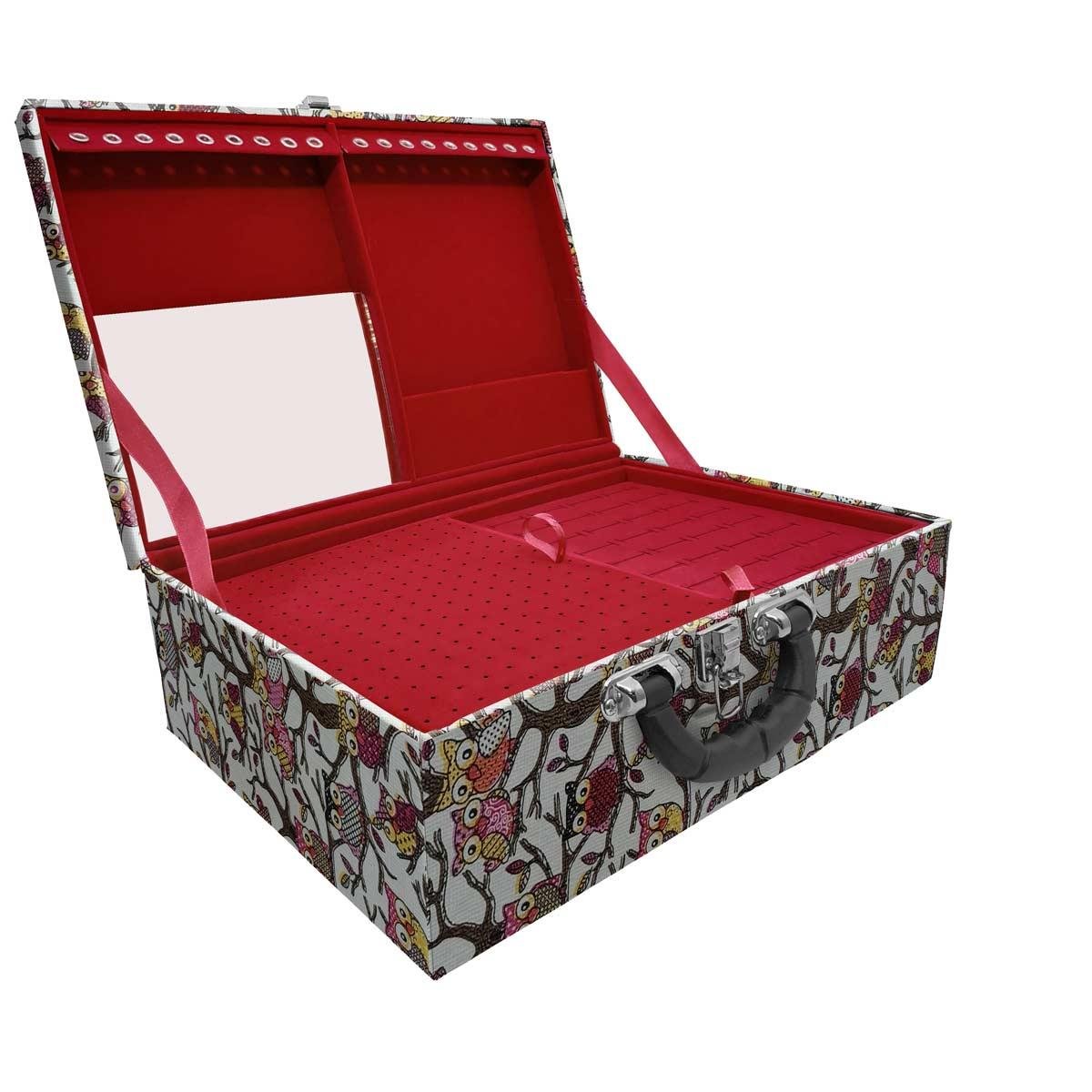 Estojo Maleta Porta Jóias Tripla Grande Coruja Com Alça Preta e Espelho