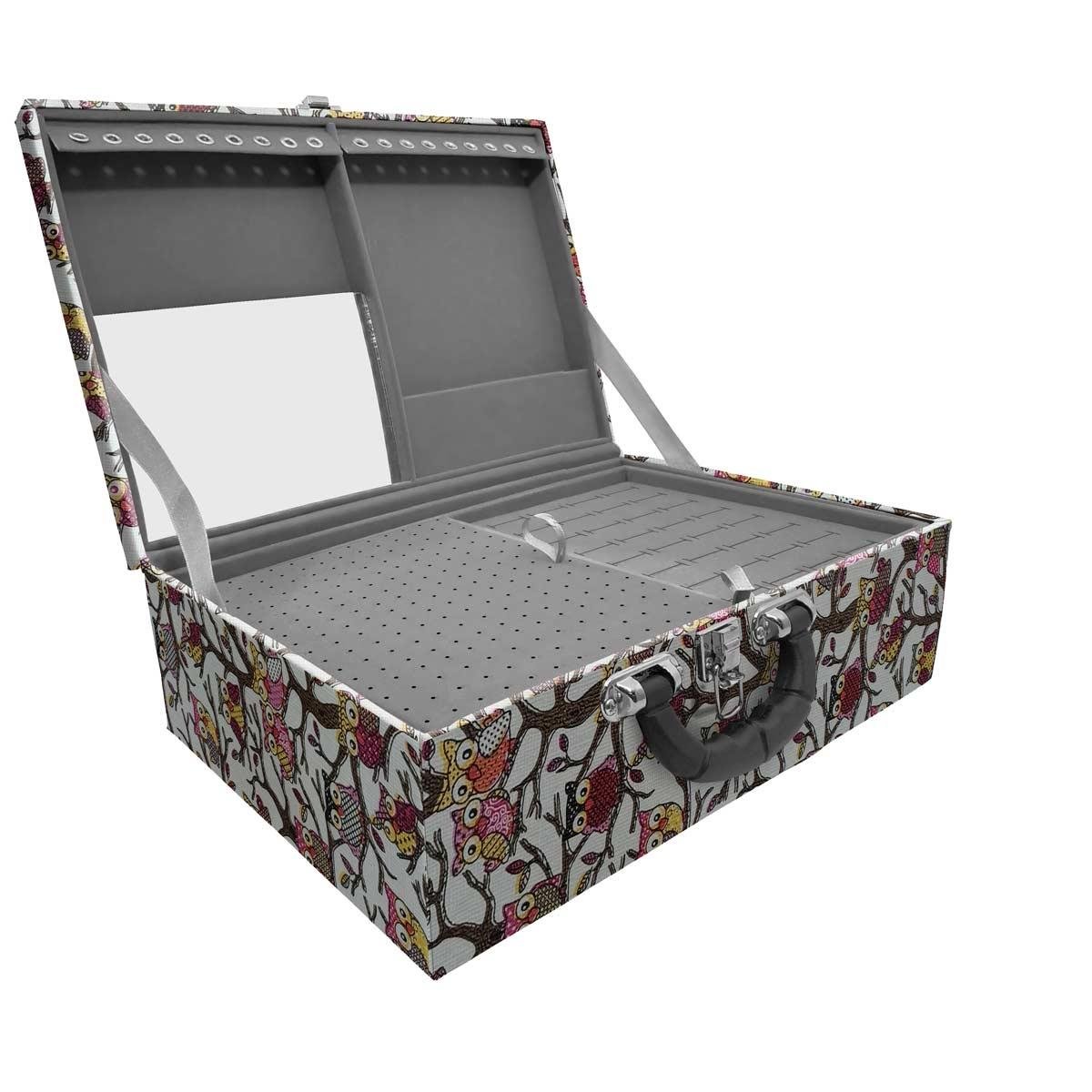 Estojo Maleta Porta Jóias Tripla Grande Coruja Com Alça Preta e Espelho