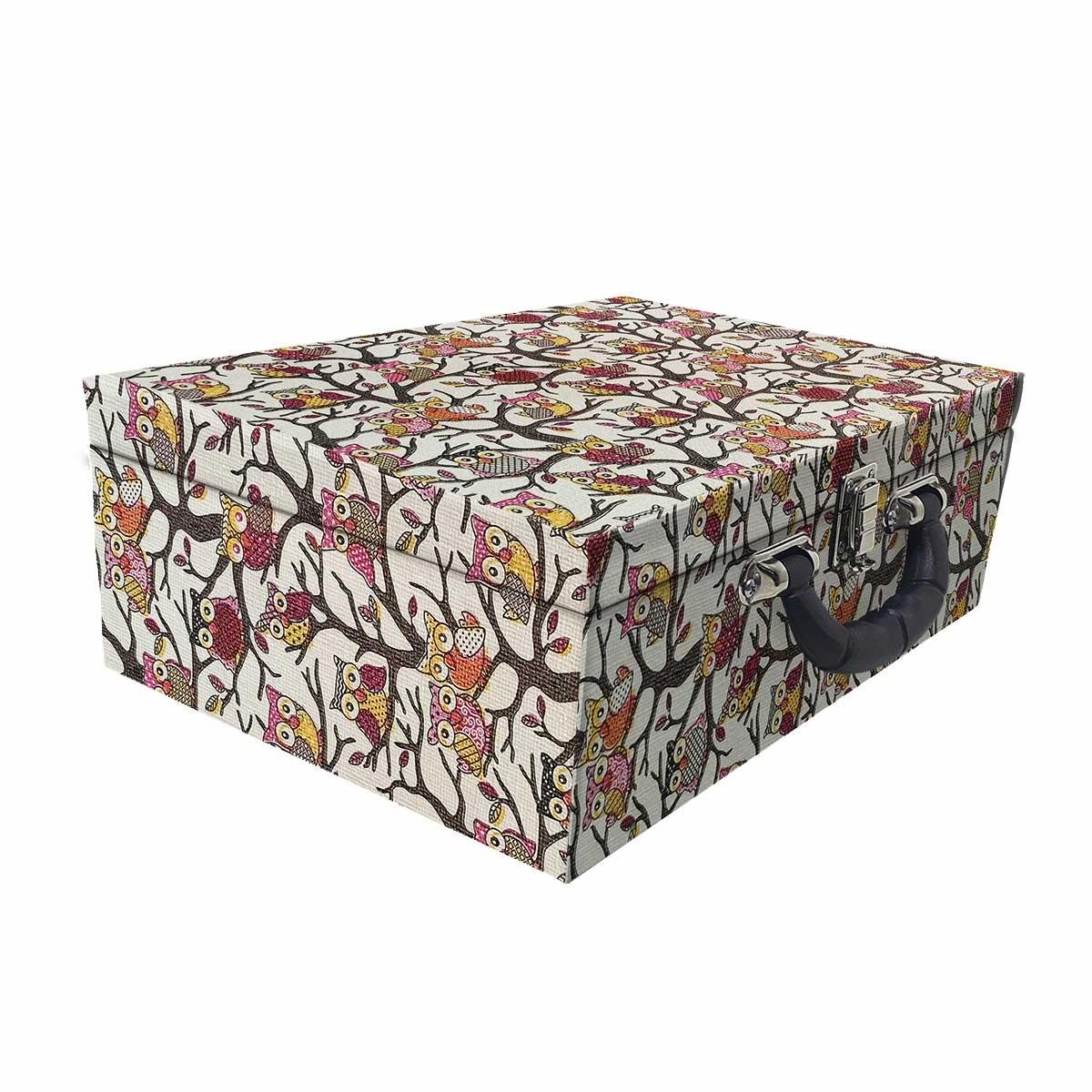 Estojo Maleta Porta Jóias Tripla Grande Coruja Com Alça Preta e Espelho