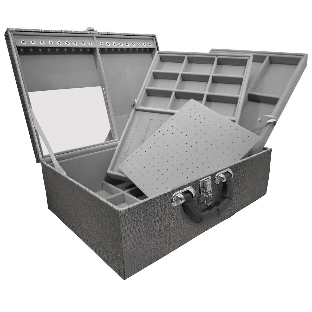 Maleta Tripla Grande Crocodilo Preto M Com Alça Preta E Espelho Veludo