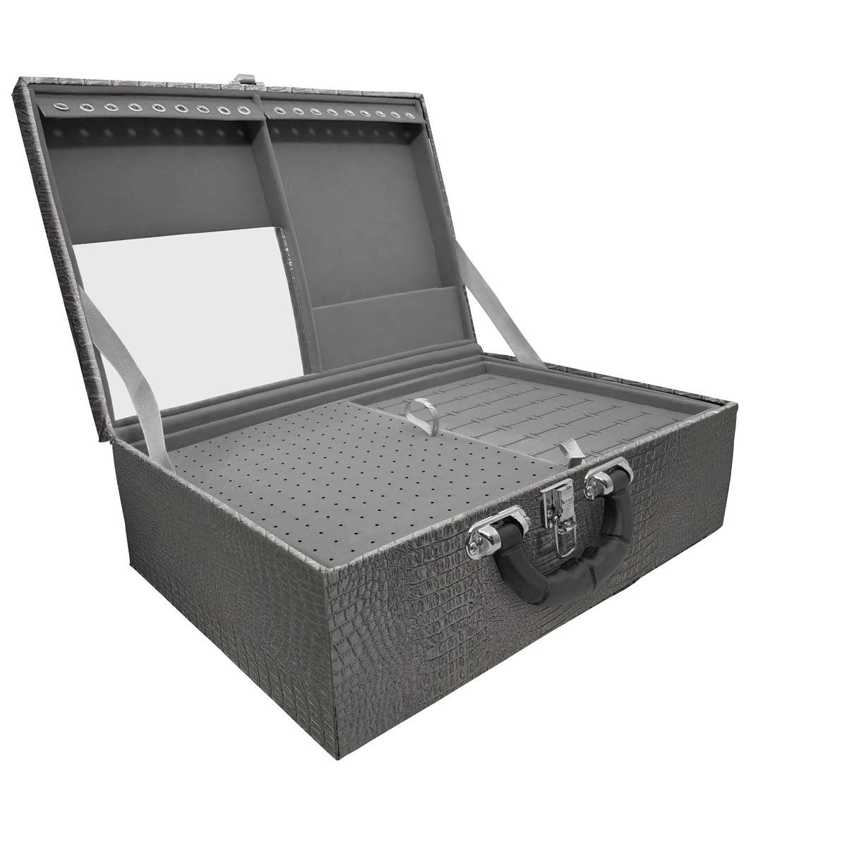 Maleta Tripla Grande Crocodilo Preto M Com Alça Preta E Espelho Veludo