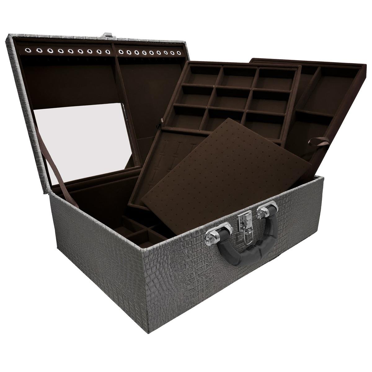 Maleta Tripla Grande Crocodilo Preto M Com Alça Preta E Espelho Veludo