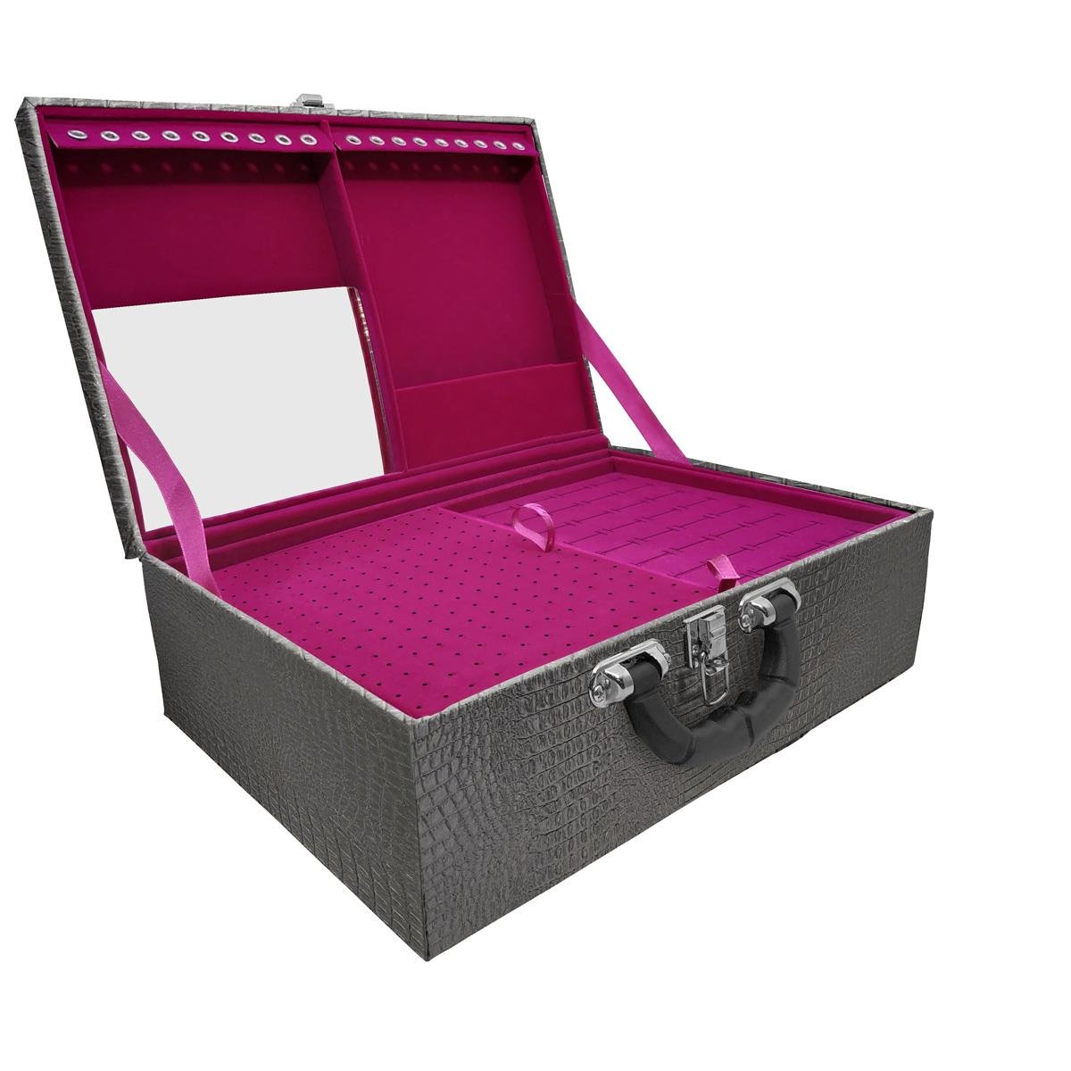 Maleta Tripla Grande Crocodilo Preto M Com Alça Preta E Espelho Veludo