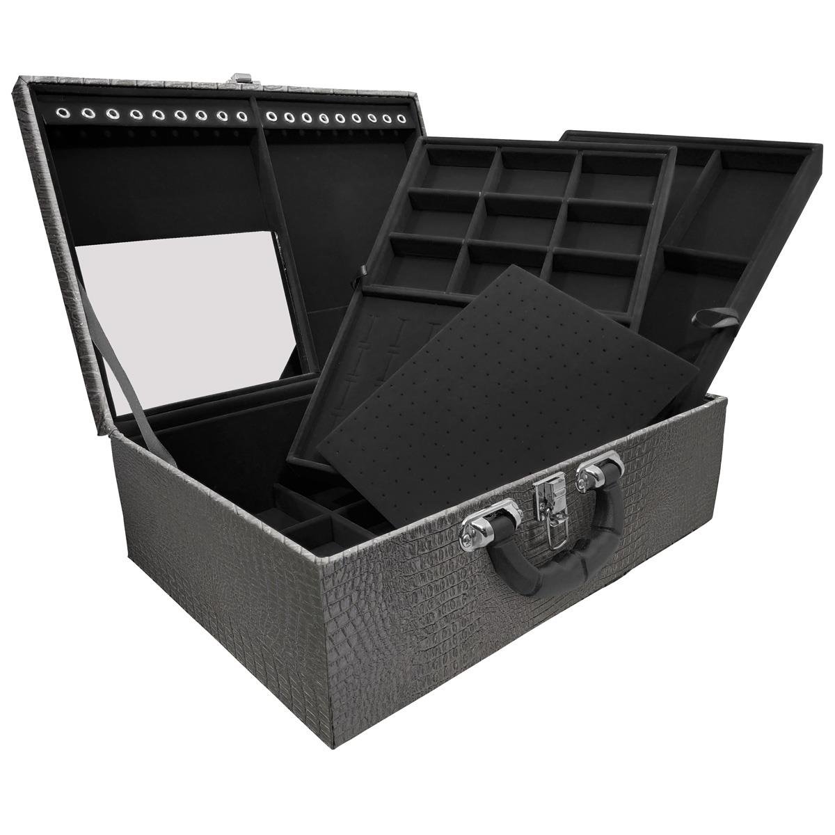 Maleta Tripla Grande Crocodilo Preto M Com Alça Preta E Espelho Veludo